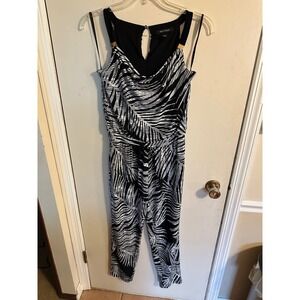 White House Black Market Palm Print Jumpsuit Black White Size 8
